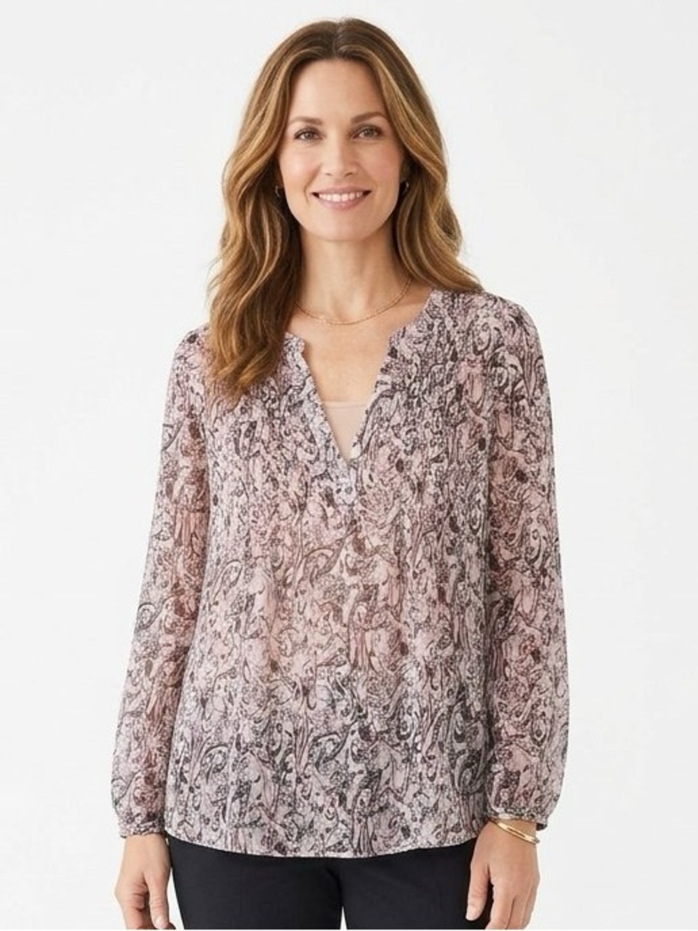J. Jill 100% Silk Sheer Paisley V-Neck Blouse in Pink and Black